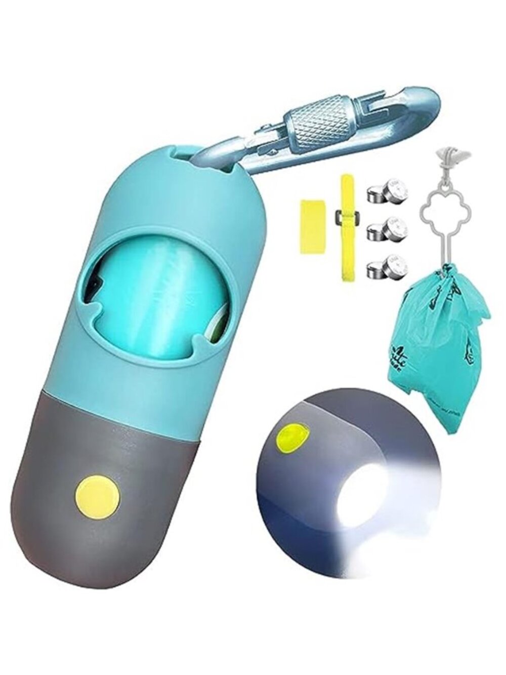 Dog Poop Bag Dispenser with Built-in LED Flashlight and Metal Clip for Leash